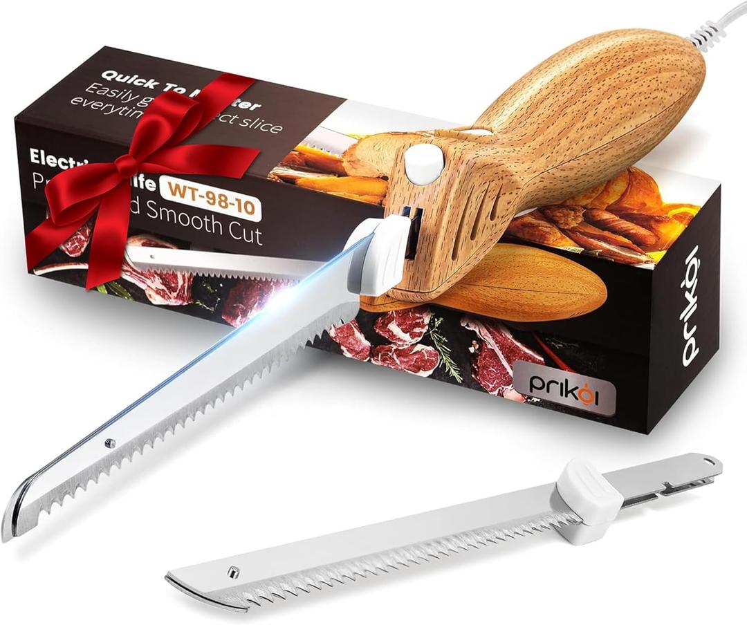 Electric Knife - Easy-Slice Serrated Edge Blades Carving Set for Meat, Bread, Turkey, Ribs, Fillet, DIY, Ergonomic Handle + 2 Blades for Raw & Cooked Food(Faux Wood) (Classic)