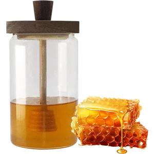 24 oz Glass Honey Jar with Wooden Dipper & Lid - Airtight Honey Pot, Wide Mouth Syrup Dispenser, No Drip Container for Home KitchenClear Honey Container for Home Kitchen