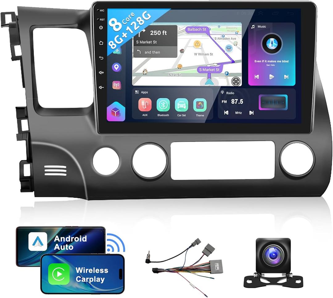 Podofo 8 Core 8+128G Android Car Radio Stereo for Honda Civic 2006-2011 with Wireless Carplay Android Auto, 10.1" QLED Touch Screen, WiFi/ 4G, GPS, DSP/ Hi-Res, AM/ FM, Bluetooth 5.0, Backup Camera