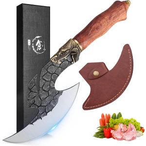 ROCOCO Viking Cleaver Knife Butcher Meat Cutting Boning Knife Hand Forged Chinese Kitchen Axe with Sheath Home Outdoor BBQ Camping Chirstmas Birthday Chirstmas Mother Father Gift Men (6.2 Inches)
