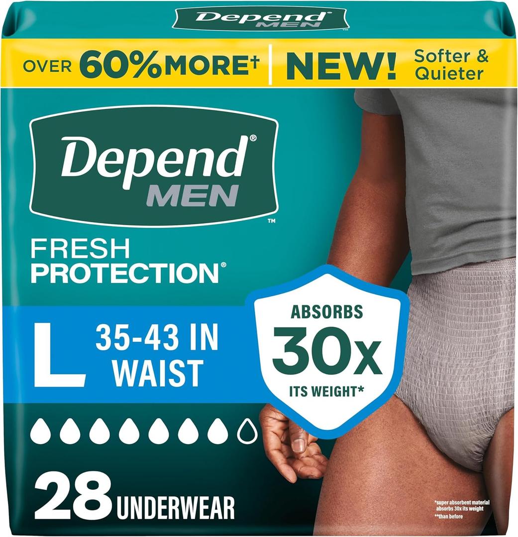 Depend Fresh Protection Adult Diapers, Incontinence Underwear for Men, Disposable, Maximum, Large, Grey, 28 Count