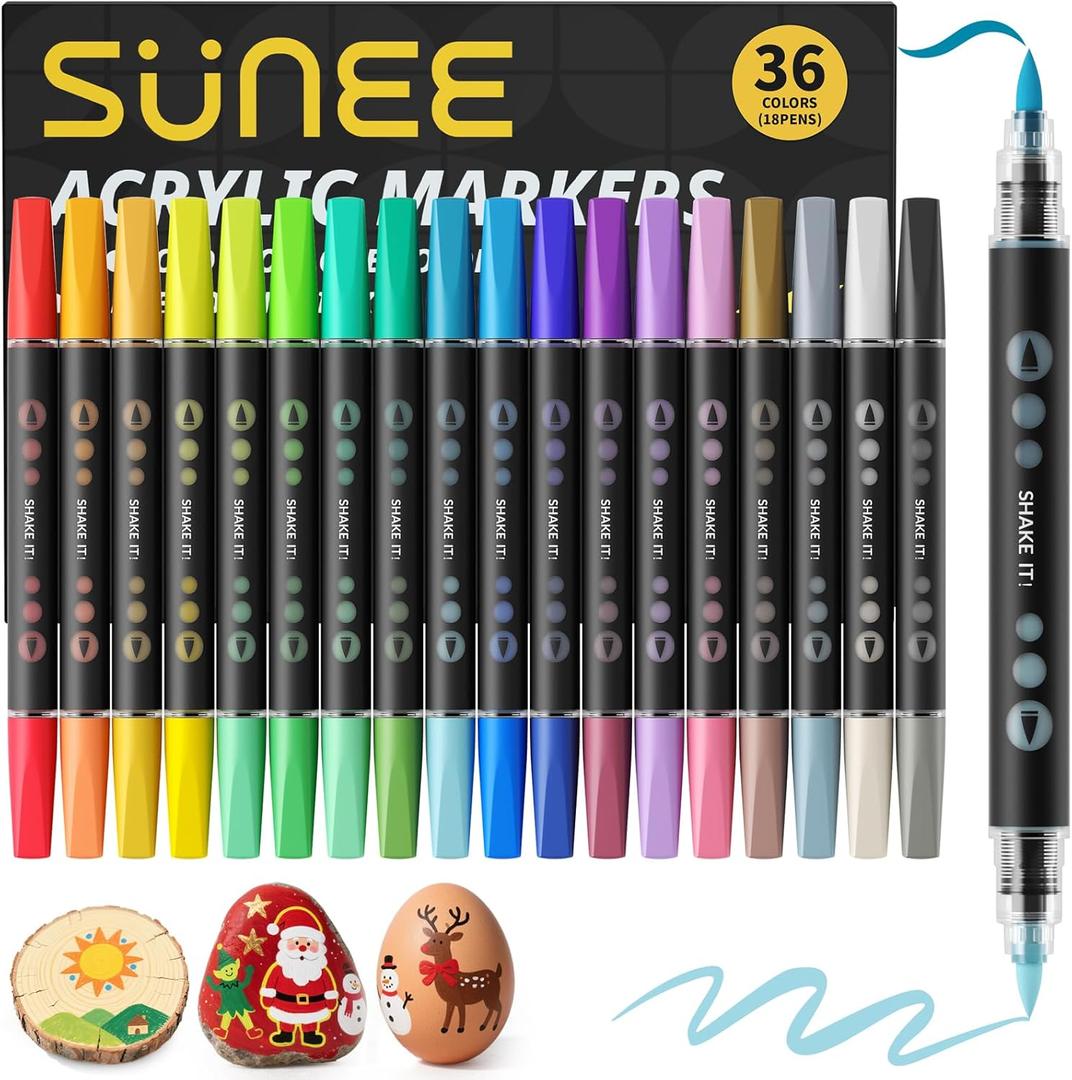 SUNEE 36 Colors Acrylic Paint Markers, 18 Pack Brush Tip Paint Pens with Automatic Ink Control System, Art Supplies for Adults & Teens, for Rock, Wood, Canvas, Glass Creative Projects