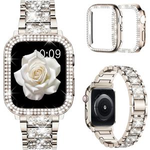 Mosonio Compatible with Apple Watch Band 38mm 40mm 41mm 42mm 44mm 45mm 46mm 49mm with 2 Pack Case Women, Jewelry Replacement Metal Bands Strap with Bling PC Protective Case for iWatch Ultra SE Series 11/10/9/8/7/6/5/4/3/2/1 (Champagne)