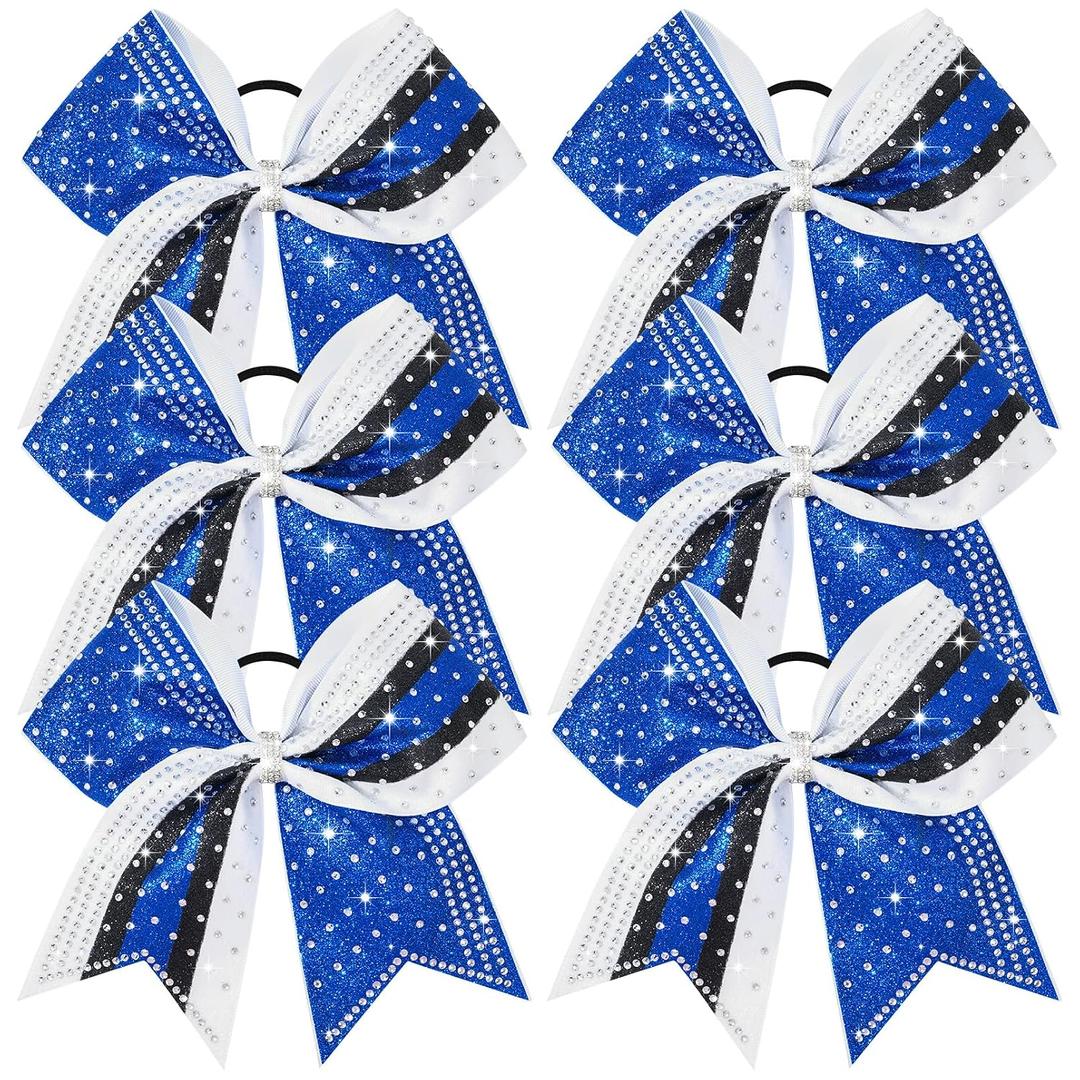 6PCS Glitter Cheer Bow Large Cheer Bows Rhinestones Hair Bows Girls 8"Cheerleading Bows Bulk Elastic Band Ponytail Holder for Teen Girls College Sports Competition