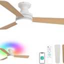 Orison 42-Inch Ceiling Fans with Lights, Low Profile, Flush Mount, Features RGB Backlight, Dimmable Lighting, 6 Speeds, 3 Reversible Blades, Remote and App Control, White