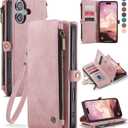 Defencase Compatible with iPhone 17 Case Wallet with RFID Blocking Card Holder for Women and Men, Fashion PU Leather Magnetic Snap Flip Zipper Strap Wallet Phone Case for iPhone 17 6.3", Rose Pink