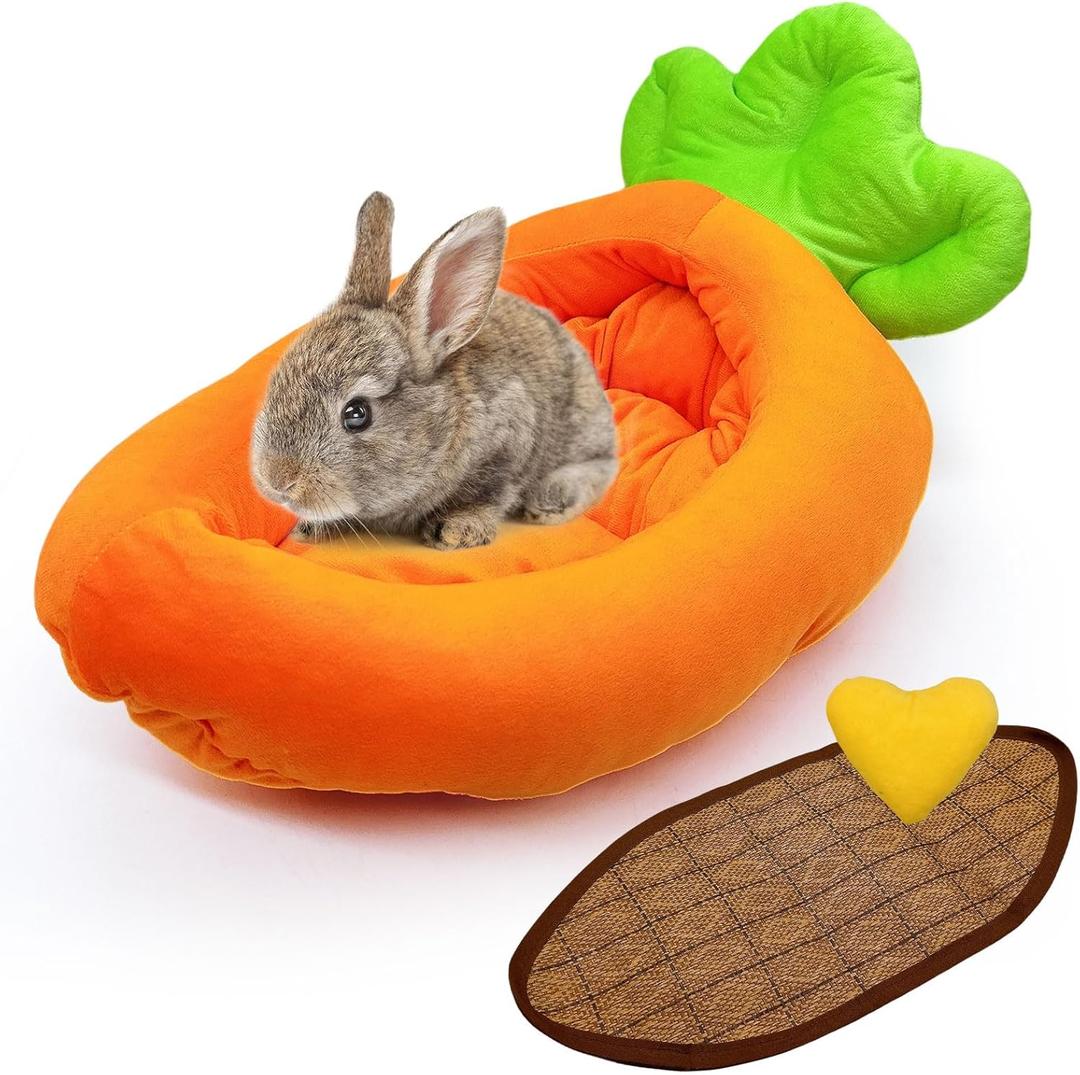 Bunny Bed,Thick&Soft Rabbit Bed with Removable Cushion,Machine Washable with Rattan Mat & Heart Decor, Cozy Warm Small Animal Sleeping Beds (Carrot Shape-M)
