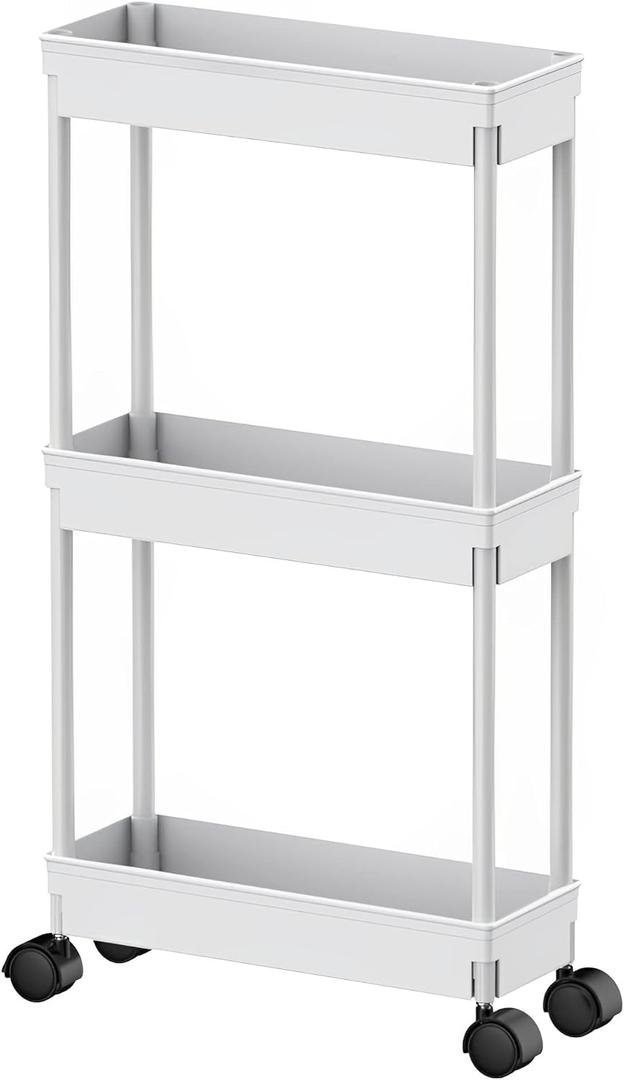 Sooyee 3 Tier Rolling Cart with Wheels, Slim Storage Cart, Under Desk Narrow Rolling Utility Cart Storage Organizer for Office Bathroom Kitchen Laundry Room Narrow Places, White, Plastic and Metal
