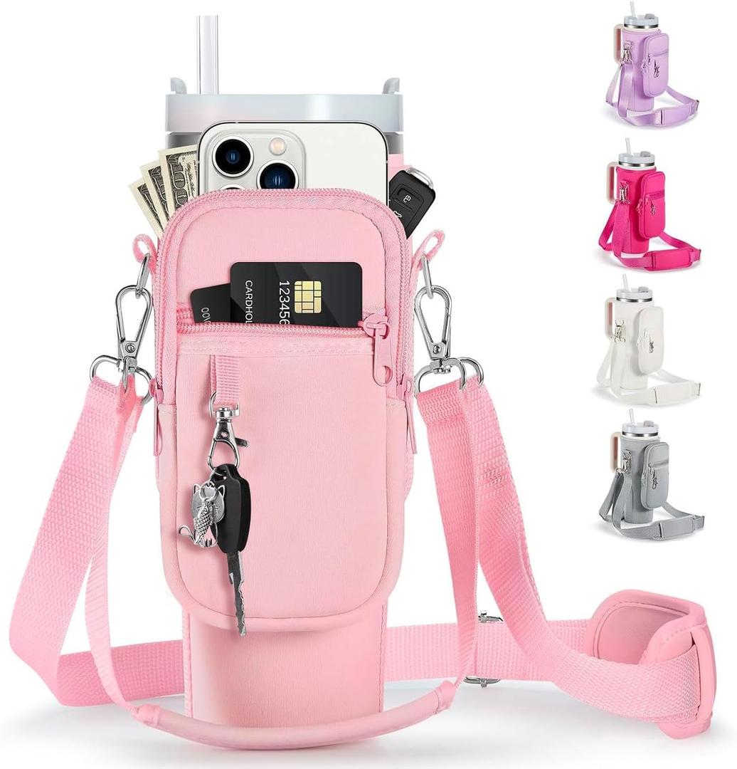 linmaya Water Bottle Carrier Bag for Stanley Cup 40/30oz with Phone Holder Pockets,Neoprene Water Bottle Cross-body Bag with Adjustable Shoulder & Hand Strap Stanley Cup Accessories (pink)