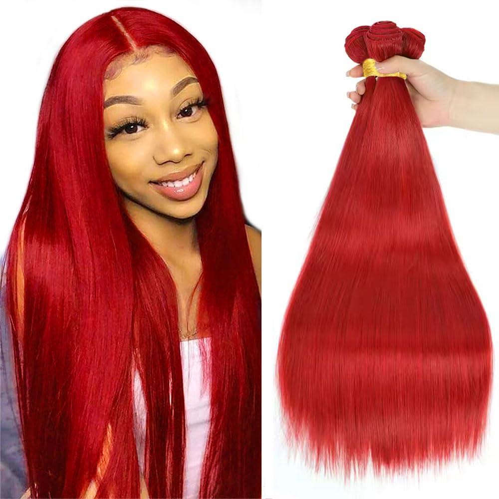 Red Bundles Human Hair Straight Bundles 24 26 28 Inch 3 Bundle Unprocessed Brazilian Virgin Hair Burgundy Straight Human Hair Extensions 50 Gram Per Bundle
