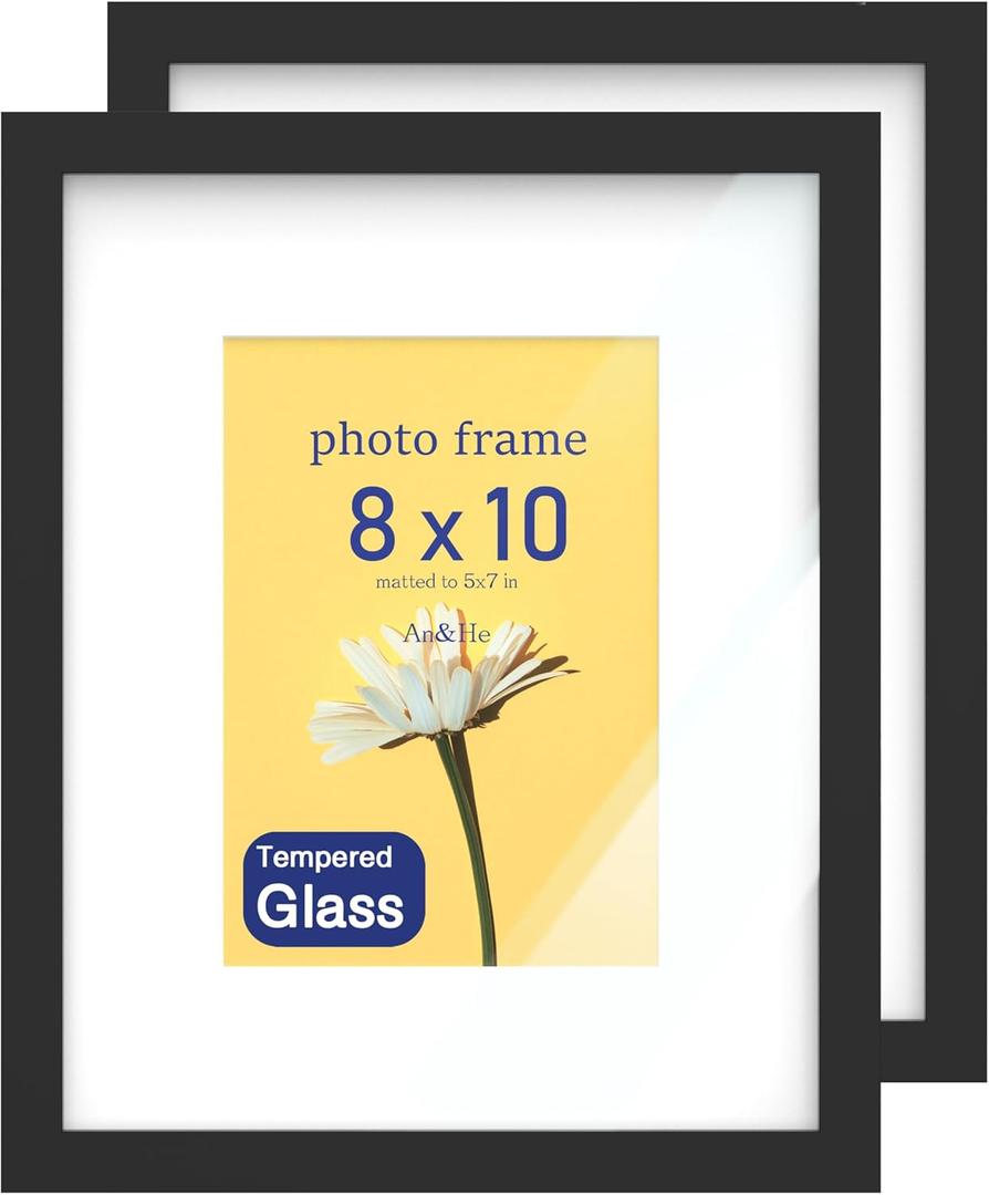 An&He 8 x 10 Picture Frame Set of 2, Black Photo Frame, Wooden Picture Frame with High Definition Glass for Wall & Tabletop Display