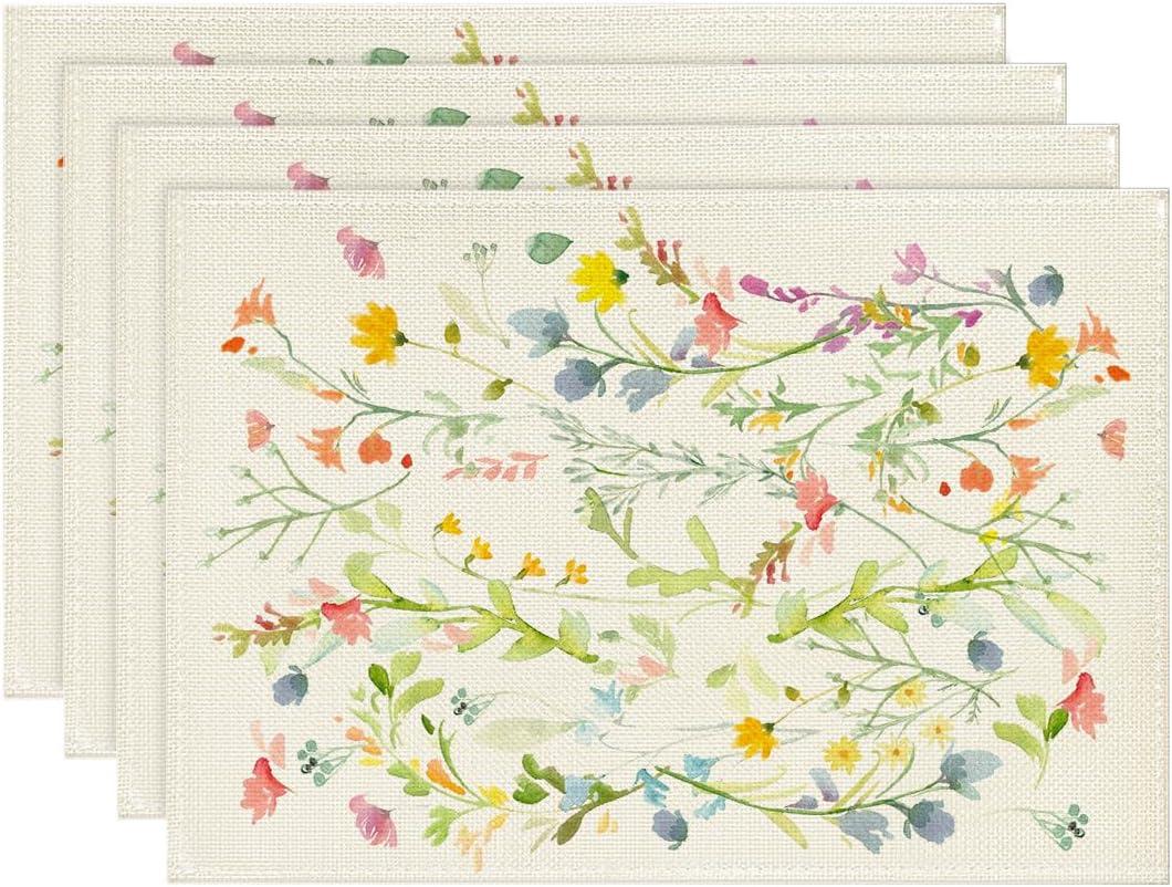 Artoid Mode Wildflowers Bloom Flowers Spring Placemats Set of 4, 12x18 Inch Seasonal Summer Floral Table Mats for Party Kitchen Dining Decoration (12" x 18", Rectangular 4 Pcs, Green)