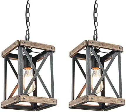 wochos Farmhouse Pendant Light, Adjustable Metal and Wood Chandelier Light Fixture, Rustic Pendant Lighting for Kitchen Island, Bedroom, Dining Room and Entryway (Brown), 2 Pack