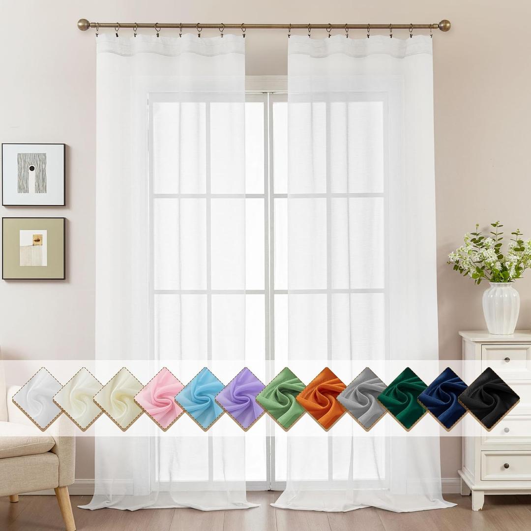 White Sheer Curtains 96 Inches Long, Privacy Semi Sheer Curtains for Living Room Bedroom, Light Filtering Rod Pocket Voile Window Drapes 2 Panels Set, Each 42" W x 96" L