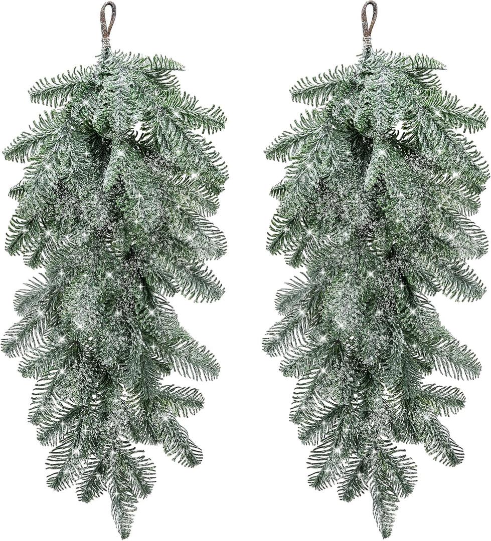 Watayo 2 Pcs Artificial Christmas Snow Teardrop Swag, 23" Faux Snow Flocked Norfolk Pine Teardrop Door Swag, White Frosted Real Touch Pine Wreath Staircase Swags for Xmas Door Mantle Fireplace Decor