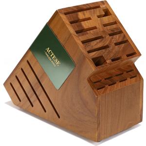Teak Wood Knife Block Holder without Knives, 20 Slot Large Universal Wooden Knife Block Organizer with Wide Slots and Secure Stand, Countertop Butcher Block for Kitchen Storage