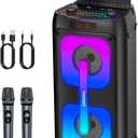 Karaoke Machine for Adults, Bluetooth Speaker with 2 Wireless Microphones, Portable PA System with Dicso Lights for Big Pary, Stage Subwoofers, Outdoor, Ideal Gifts for Family, Music Lover