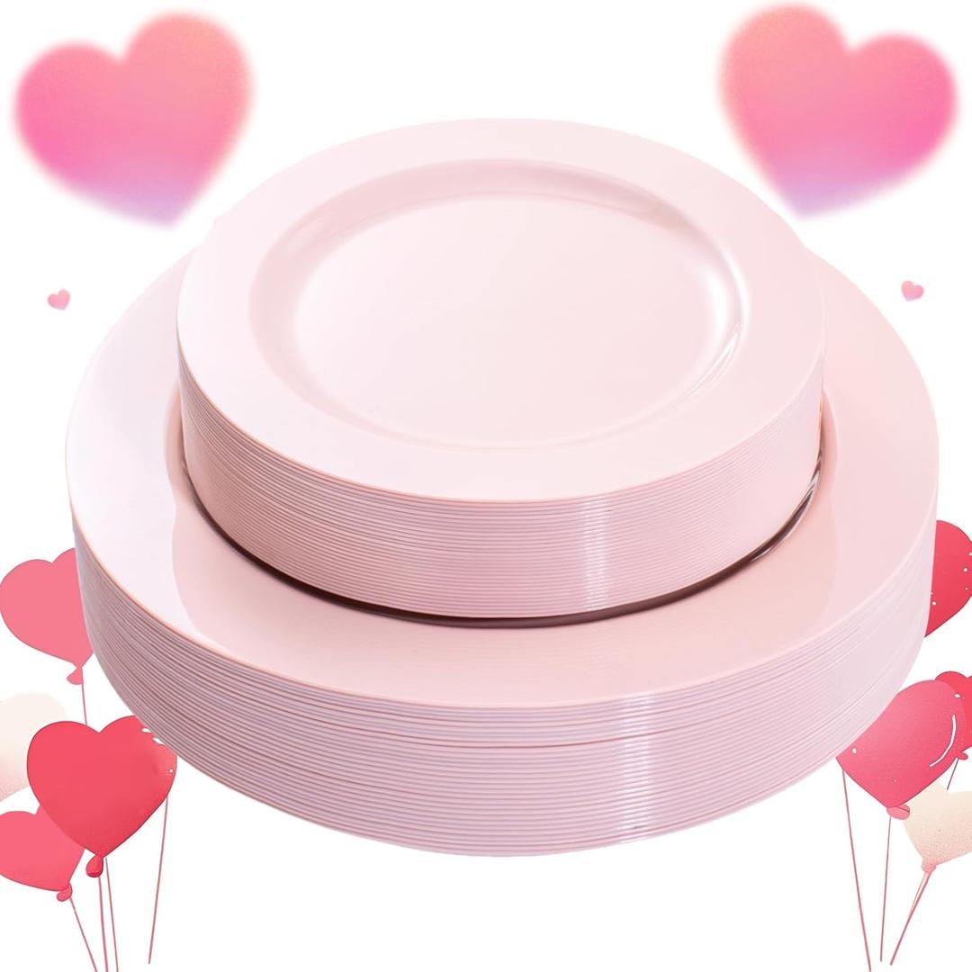 FLOWERCAT 60PCS Pink Plastic Plates - Heavy Duty Pink Plates Disposable for Easter Party/Mother's Day/Wedding - serving 30 guests Include 30PCS 10.25inch & 30PCS 7.5inch