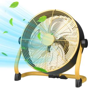 12 Inch High Velocity Floor Fan, Heavy Duty Metal Industrial Fans with 3 Speeds, Portable Fan with Adjustable 360 Head Tilt, Yellow