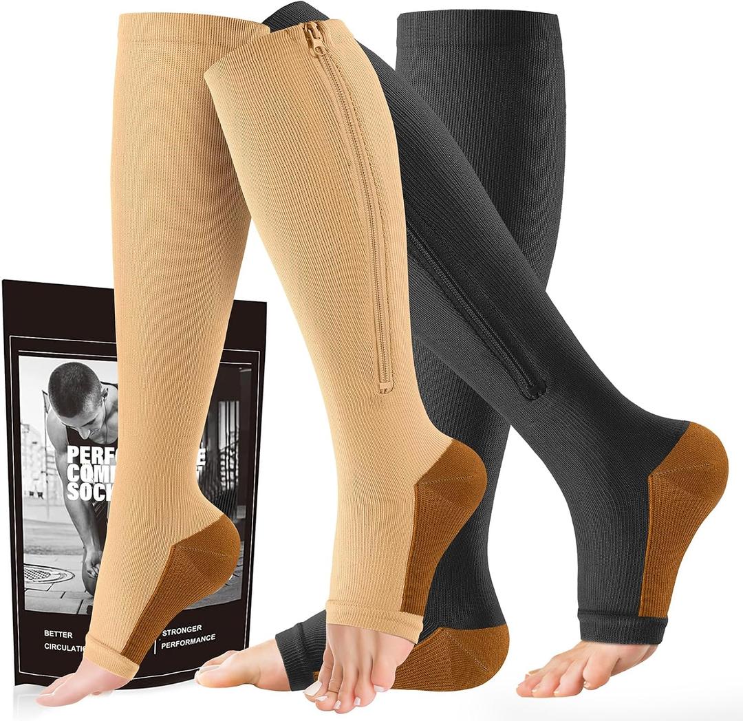 cerpite Zipper Compression Socks - 2 Pairs Open Toe Compression Stockings for Men Women 15-20mmHg,Suit for Running, Sport