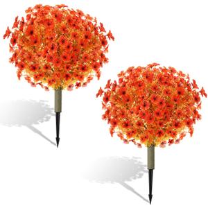 Yunlly 2 Pcs Thanksgiving Topiary Ball Fall Artificial Mums Tree for Outdoor Porch Decorations 24" UV Resistant Autumn Faux Bush Shrub Faux Violet Plant for Patio Garden Autumn Decor(Orange)
