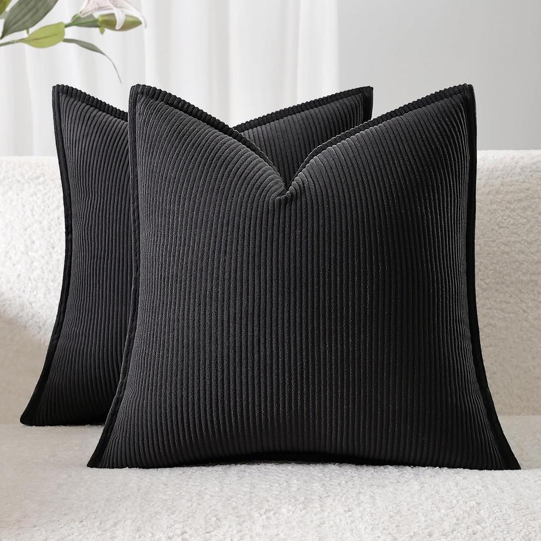 Corduroy Throw Pillow Covers 18x18 Set of 2 Boho Decorative Pillow Covers for Couch, Sofa, Bed Soft Square Cushion Covers for Living Room Decor (No Insert) Dark Gray