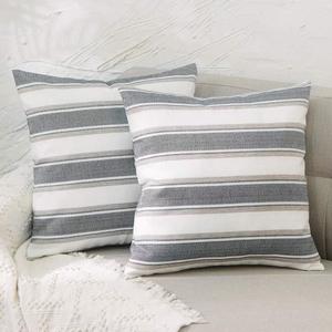 2 Pc 14" x 14" Multi Stripe Small Pillow Case Soft Faux Linen Square Decorative Throw Cushion Cover Pillowcase with Hidden Zipper for Sofa Bed Couch Living Room (Black-white)