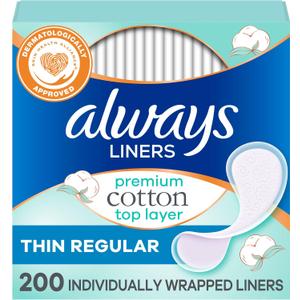 Always Premium Cotton Panty Liners for Women, Individually Wrapped Pantiliners, Unscented, Fragrance Free, Made with a Premium Cotton Top Layer, Regular Absorbency, 200 Count