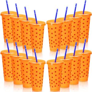 Honeydak 16 Pcs Anime Theme Birthday Party Decorations Cups with Silly Straws Bulk 24 oz Drinking Orange and Blue Resuable Plastic Cups for Birthday Party Favor