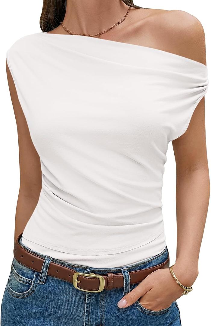 Cicy Bell Womens Summer Off One Shoulder Tank Tops Asymmetrical Ruched Tops | Going Out, Sleeveless Shirts, Cowl Neck, Slim Fit, Trendy, Elegant, Chic, Unique, Club (White, M)