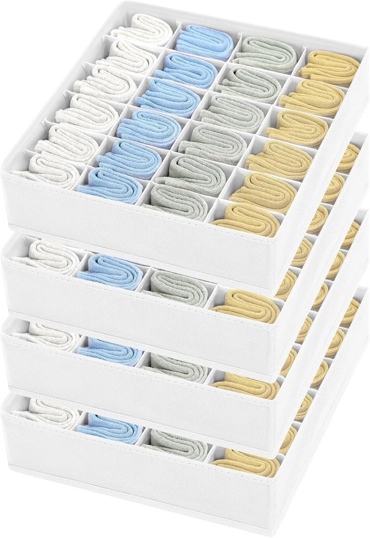 Joyoldelf Sock Drawer Organizer Divider Underwear Organizer 24-cell Fabric Dresser Drawer Organizers Storage Boxes for Socks Lingerie, Handkerchiefs, Ties 4 Pack (White)