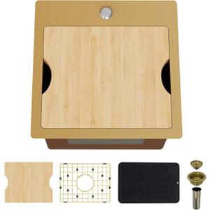 Gold Kitchen & Bar Sink Workstation, 15"x15" Stainless Steel Drop In Single Bowl Small Kitchen And Bar Sink Workstation With Gold-tone Accessories Add Stylish And Luxurious Look For Kitchens
