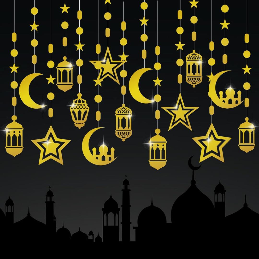 16pcs Ramadan Decorations Gold Star Moon Lantern Garland Pre-Assembled Shining Hanging Ramadan Mubarak Eid Decorations Banner Streamer for Eid Mubarak Decor Home Party Supplies