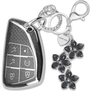 Black TPU Key Fob Cover with Sakura Flower Keychain Compatible with Chevy Suburban Tahoe GMC Yukon Yukon XL 1500 Denali 6-Button Smart Key for Women