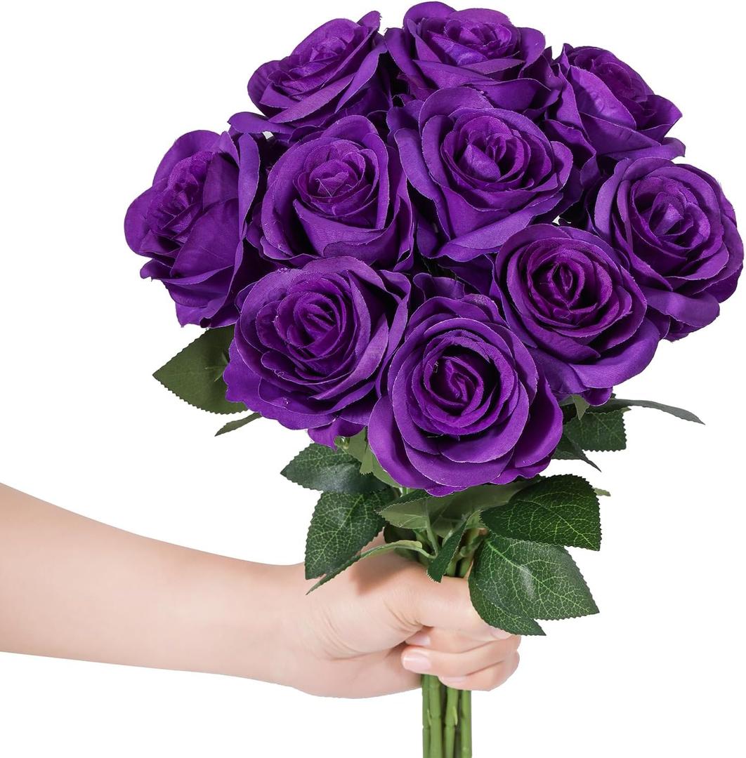 LFF 10Pcs Royal Purple Roses Artificial Flowers, Faux Silk Roses with 21.2" Long Stems & 2.36" Large Blooms, Lifelike Fake Roses for DIY Wedding Bouquet Home Party Vase Filler Table Centerpiece Decor