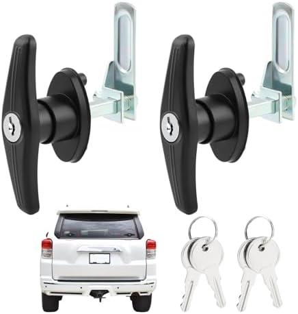 2PCS Truck Cap Locking T-Handle, Left & Right Truck Cap Topper Camper Shell Locking T-Handle Latch with Keyed Lock, Door Loc-King Kit Accessories(Color:Black+Silver)