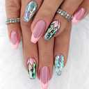Coffin Press on Nails Medium Dark Pink French Tip Fake Nails Press ons, Full Cover Flase Nails with Glitter Flower Designs Artificial Long Acrylic Glue on Nails for Women 24 Pcs