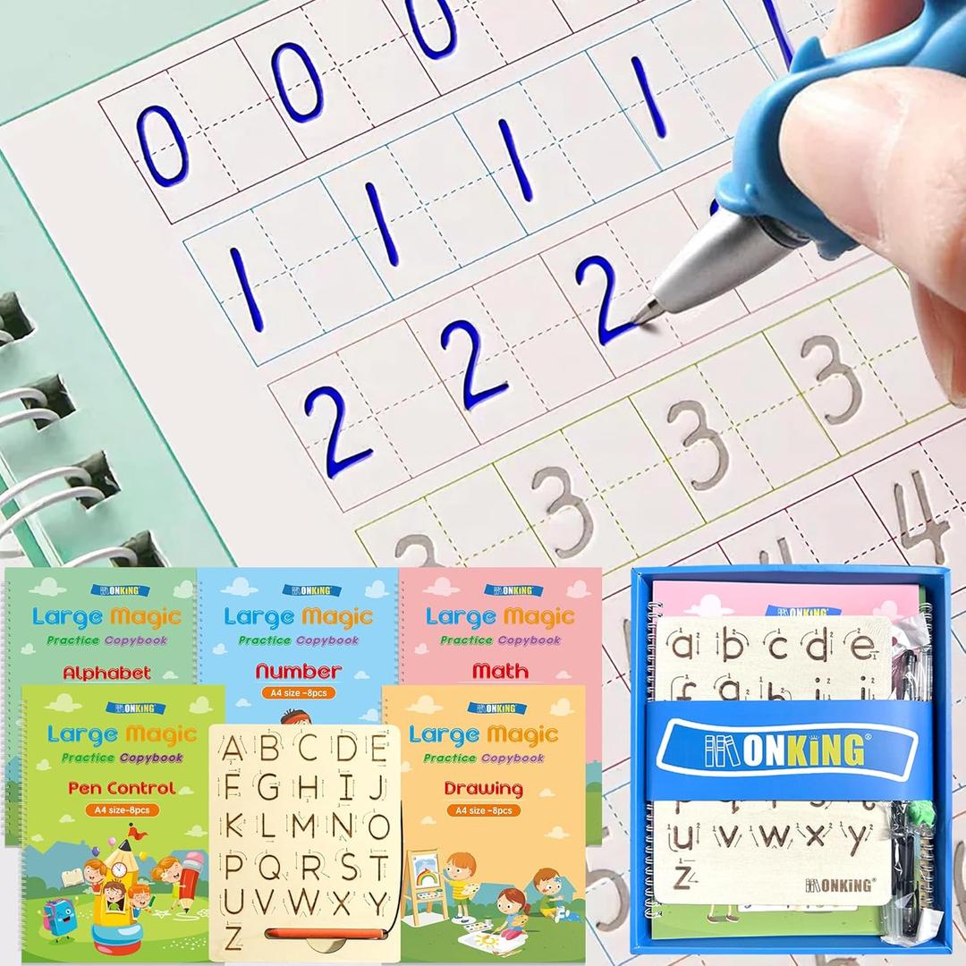 Large Handwriting Magic Grooved Practice Copybook Set: 5-Pack with Wooden Alphabet Tracing Board, Reusable Letter Learning Kit for Kid Age 3-8, Ideal for Kindergarten and Preschool Calligraphy Control