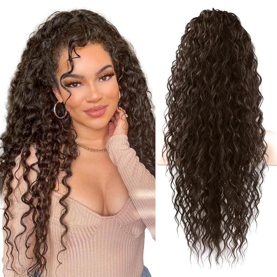 SEIKEA Highlight Drawstring Ponytail Extension, PT005 Isabella 26" Long Bohemian Curly Pony Tail Multi Layered Light Soft Clip in Hair Extensions Ponytail Natural Synthetic Dark Chocolate Brown