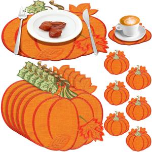 6 Sets Fall Pumpkins Embroidered Placemats and Coaster for Thanksgiving, Large