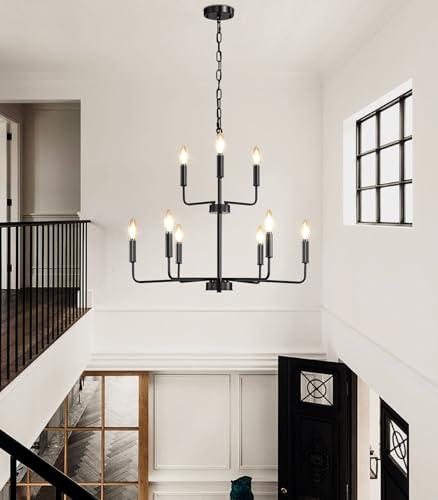 AFQEJG LED Chandelier for Living Room Black Metal Pendant Chandeliers Light Fixtures for Dining Room Entryway High Ceiling Lights 9-Light