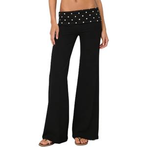 FOMOYUU Lounge Yoga Pants for Women Fold Over Low Waist Wide Leg Sweatpants Flare Leggings Bell Bottoms Y2K Foldover Pants (Medium, Black Dots)