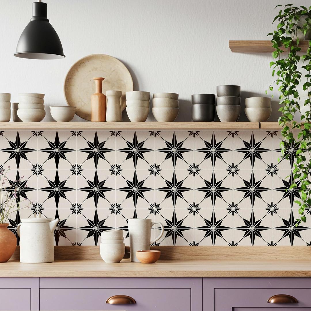 16 Pack, 5.9x5.9 Inch Star Compass Peel & Stick Tile Stickers Black-White Waterproof Removable Vinyl Backsplash Decals for Kitchen, Bathroom, Laundry, RV & Stair Risers (Beige)