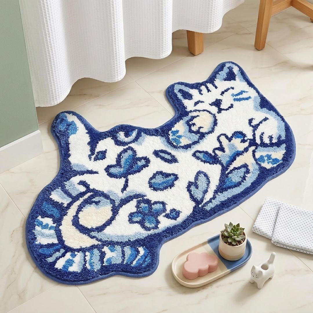 Blue Delft Cat Rug - Cute Cat Bathroom Rug Super Absorbent & Non-Slip Bath Mat, Soft Fuzzy Cute Mat for Small Bathroom or Shower Floor