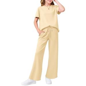 Haloumoning Girls 2 Piece Outfits Kids Fashion Short Sleeve T Shirts Wide Leg Pants Clothing Sets 5-14 Years