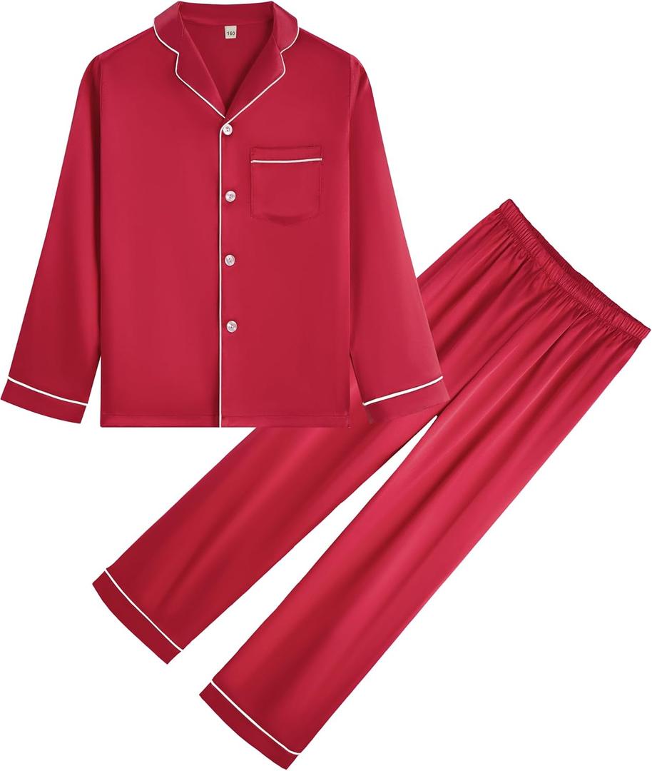 Kid Silky Satin Pajamas Set for Girls Boys pj Set Sleepwear Button-up Lounge Sets Nightwear (6-7 Years, Maroon Red)