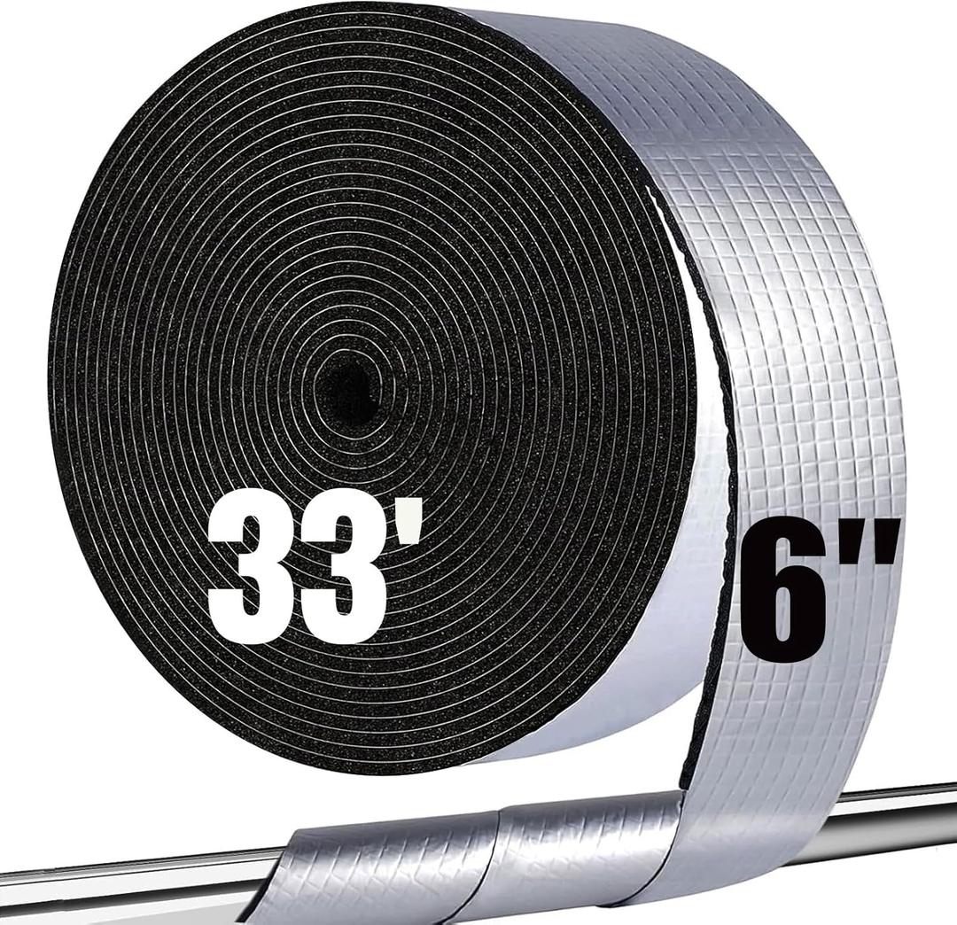 Pipe Insulation Wrap Foam Tube Self Adhesive Heat Tape for Water Pipes, Peel and Stick Outdoor Foam and Foil Water Pipe Insulation Wrap for Winter (6" W x 33' L)