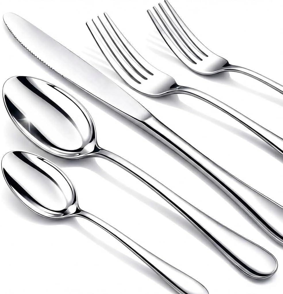 60 Piece Silverware Set for 12, Premium Stainless Steel Flatware Set, Eating Utensil Sets with Steak knives, Cutlery Tableware Service Include Fork Knife Spoon Set, Mirror Polished