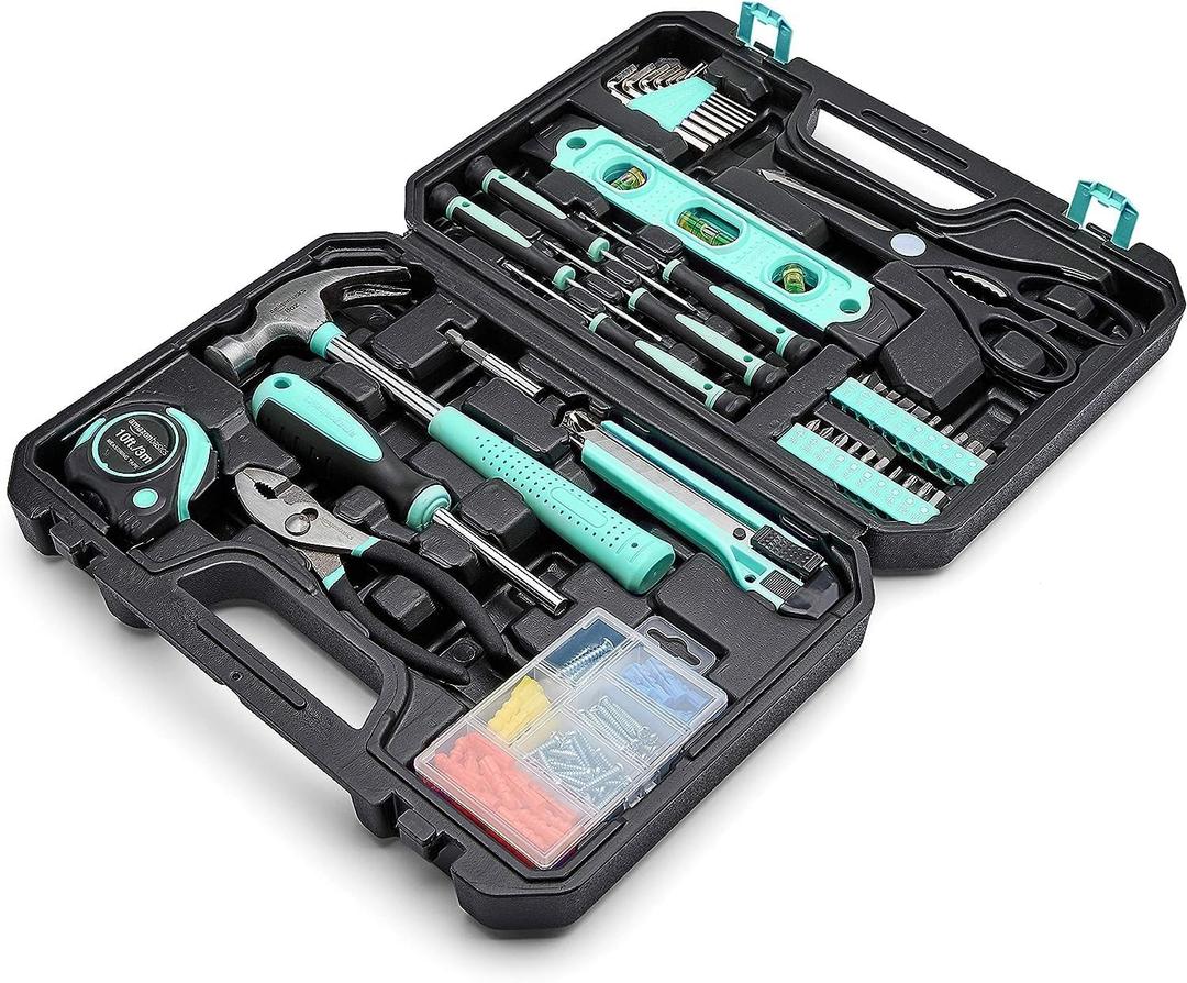 Amazon Basics 142-Piece Household Tool Kit for Home Repair, Hand Tools with Storage Case, 13.39 x 9.25 x 2.95 inch, Turquoise