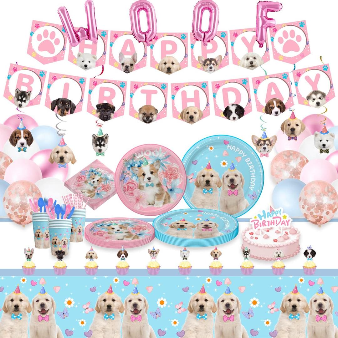 223-Piece Dog Party Supplies Set - Serves 20, Includes Plates, Cups, Napkins, Utensils, Balloons, Banner, Table Cover - Multicolor Cartoon Animal Themed Dog Birthday Party Decorations